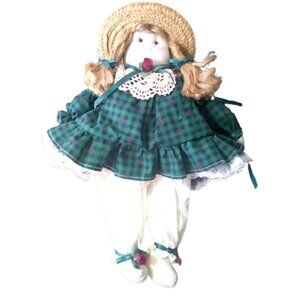 Rag Cloth Doll Vintage Handmade Straw Hair Cloth Dress Country Doll tall 15"